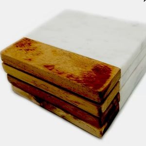 Opal marble and acacia wood coaster set of 4